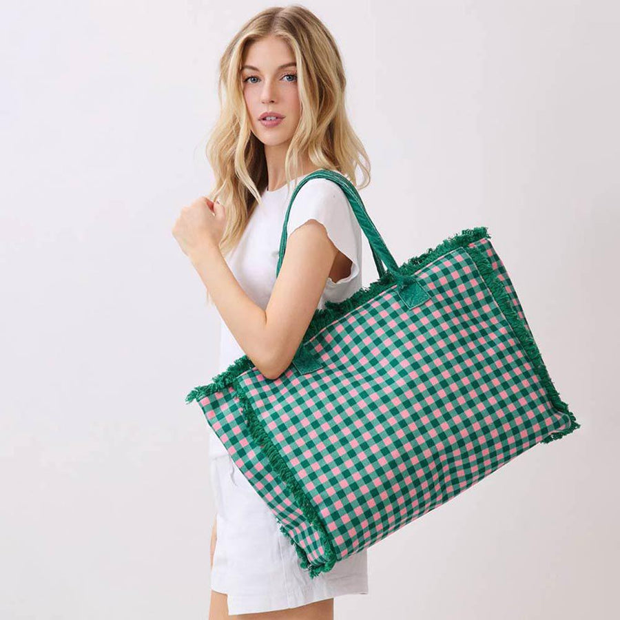 Gingham Terry Cloth Tote, Check Frayed Shoulder Bag, Beach Tote for Casual & Everyday Style