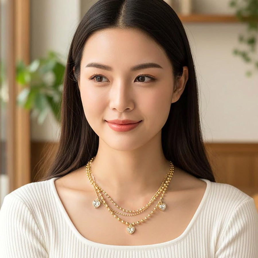 Triple Layered Heart Charm Necklace, Dainty Beaded Chain, Romantic Jewelry for Women