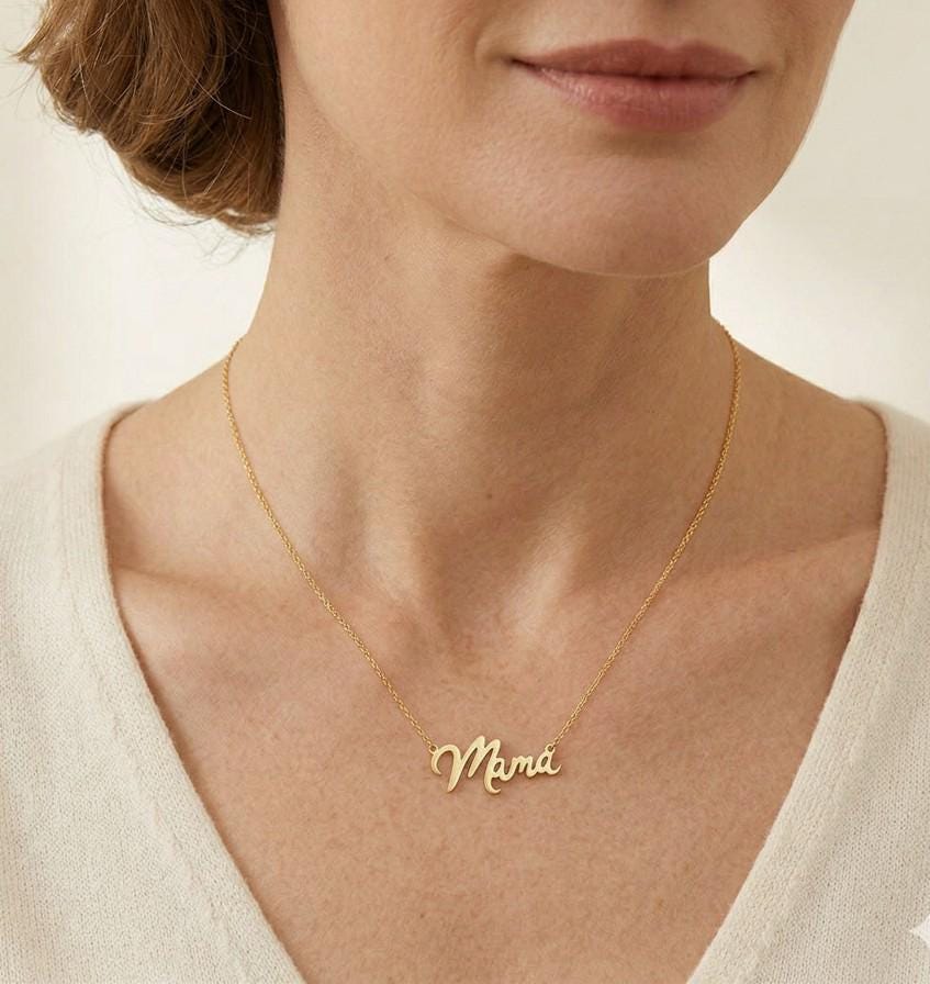 18K Gold Dipped Mama Script Pendant Necklace, Minimalist Everyday Mom Jewelry for Mother's Day