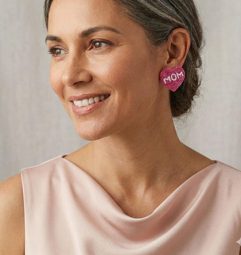 MOM Heart Beaded Earrings, Colorful Statement Jewelry, Felt Back Post Earrings