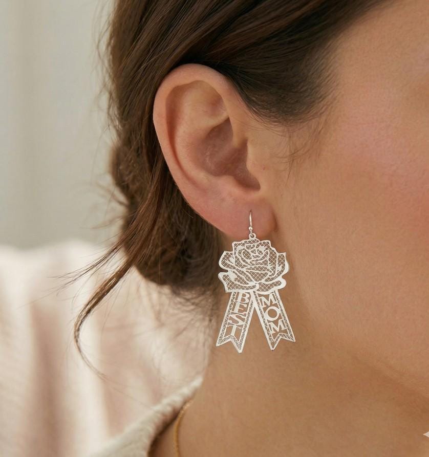 Brass Rose Flower Drop Earrings, "MOM" Dangle Jewelry, Gift for Mother
