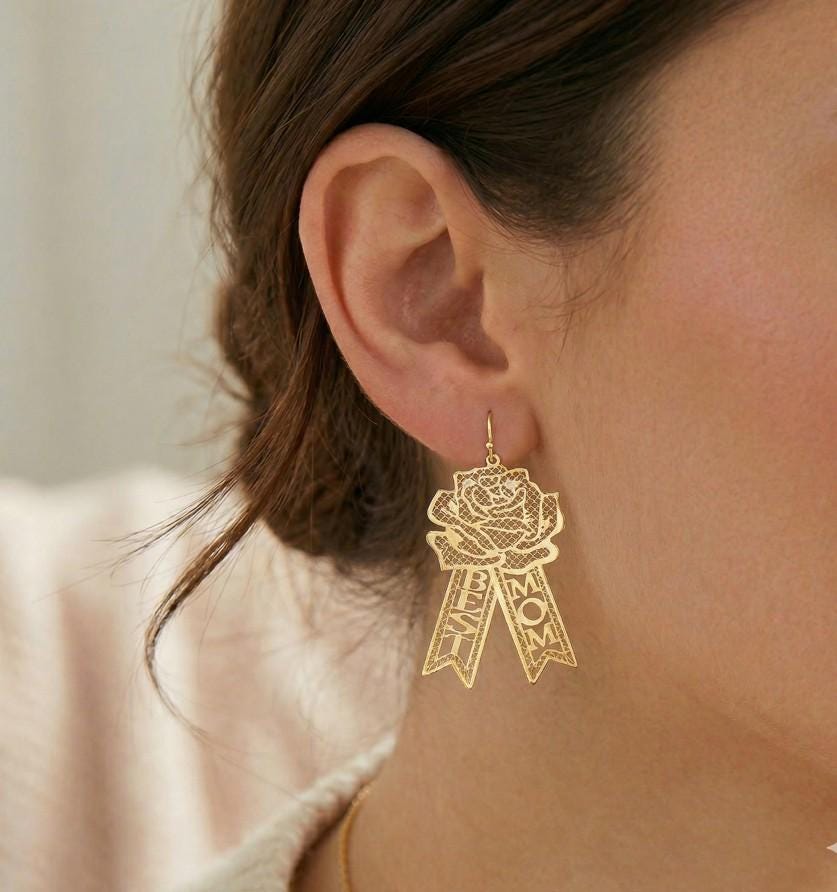 Brass Rose Flower Drop Earrings, "MOM" Dangle Jewelry, Gift for Mother
