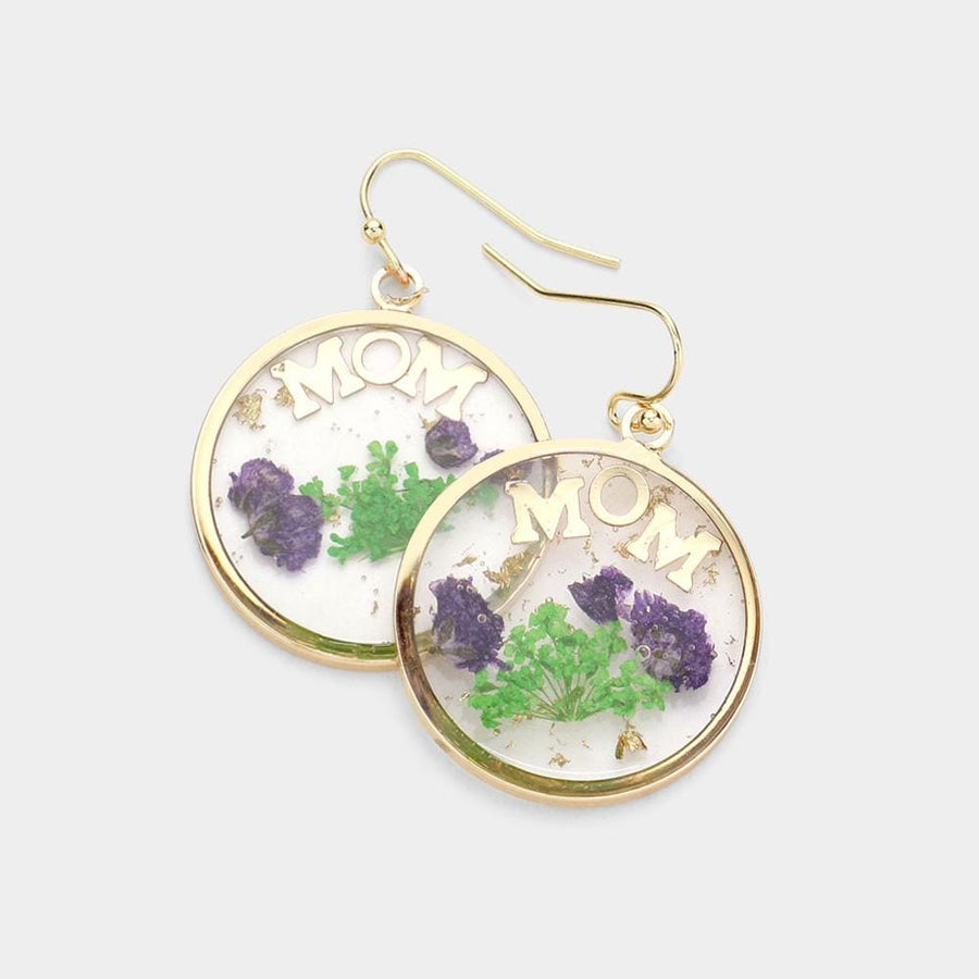 MOM Pressed Flower Earrings, Real Floral Lucite Dangles, Nature Jewelry, Round Dangle Earrings