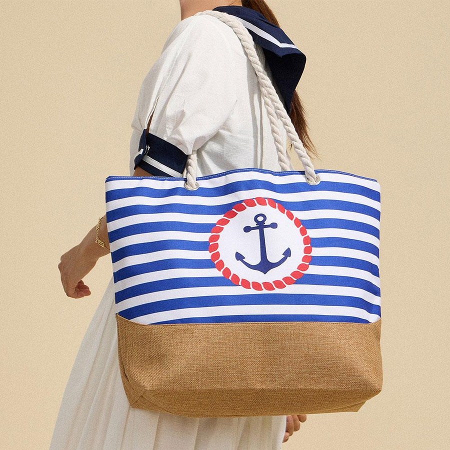 Anchor Striped Beach Tote, Rope Handle Shoulder bag, Large Summer Vacation Pool Bag
