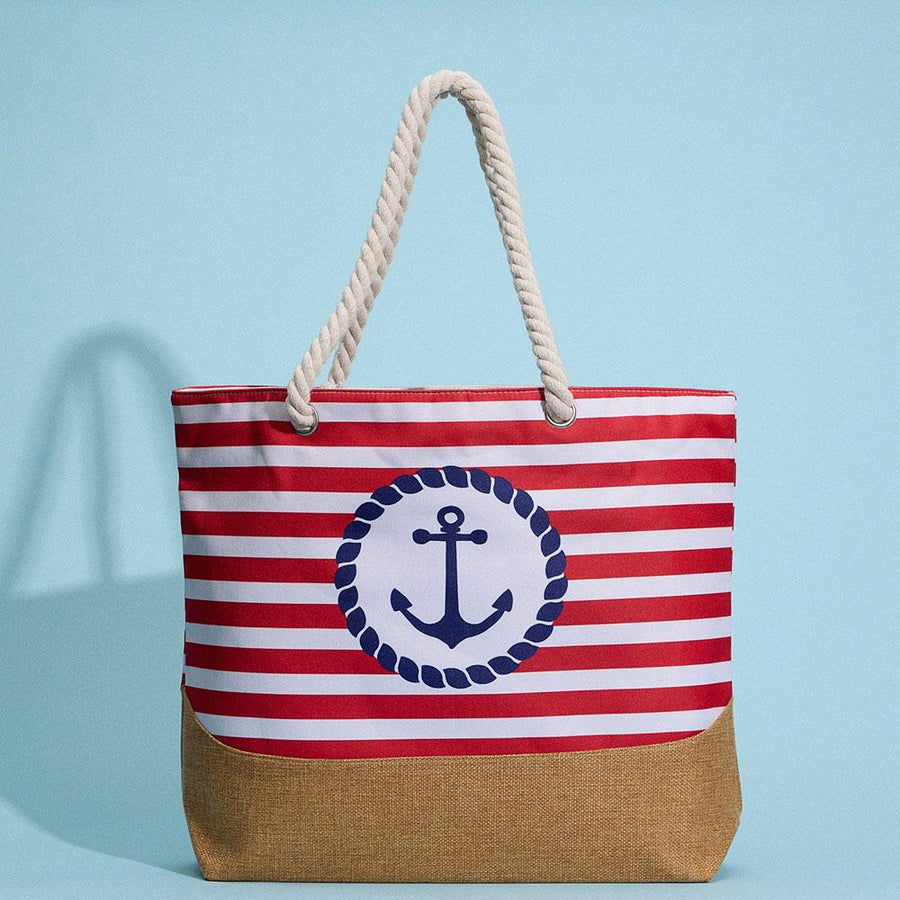 Anchor Striped Beach Tote, Rope Handle Shoulder bag, Large Summer Vacation Pool Bag