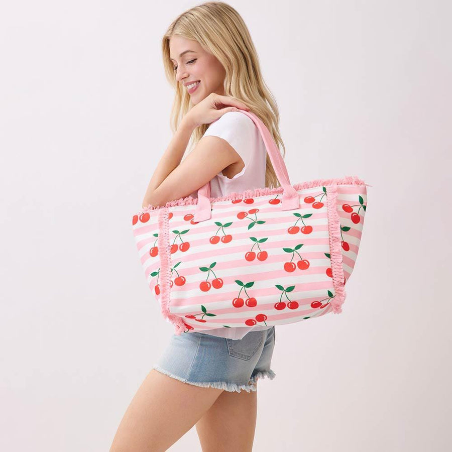 Striped Cherry Tote Bag, Large Boho Shoulder Bag, Summer Beach Travel Carryall