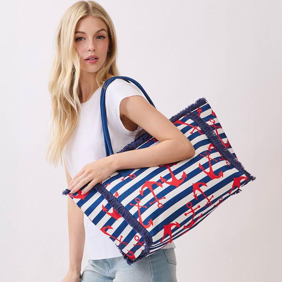 Striped Cherry Tote Bag, Large Boho Shoulder Bag, Summer Beach Travel Carryall