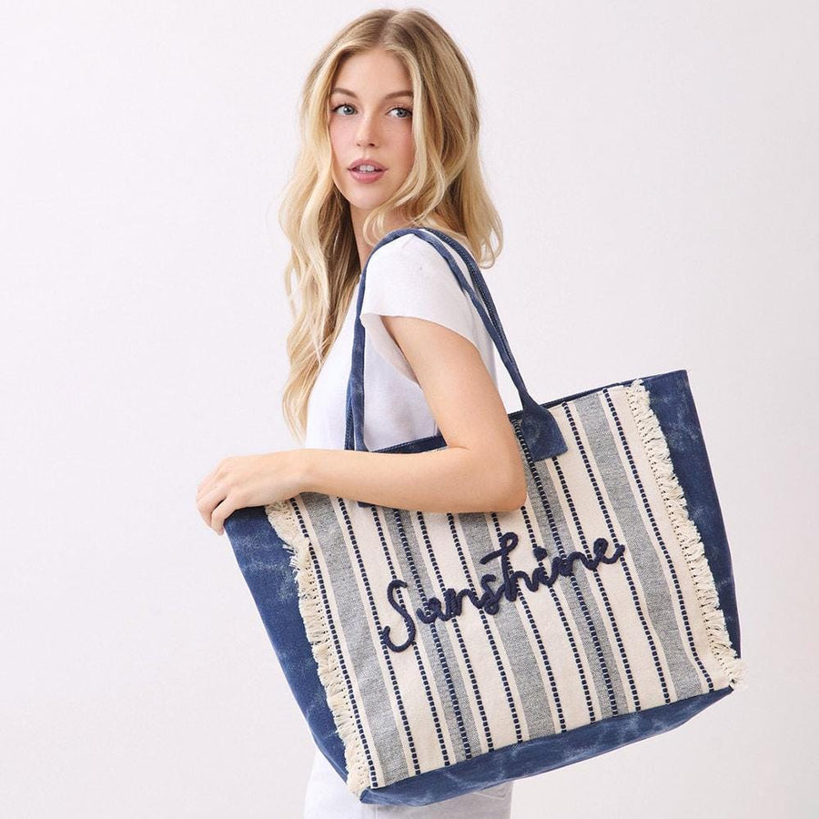 Sunshine Striped Fringe Tote Bag, Boho Summer Beach Shoulder Bag, Large Handbag
