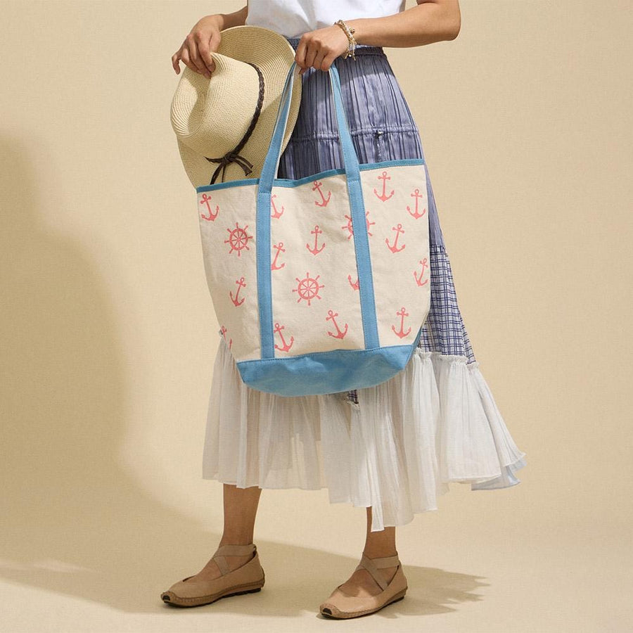 Anchor Wheel Tote | Summer Vacation Bag | Soft Shopper Carry on | Beach Shoulder Bag