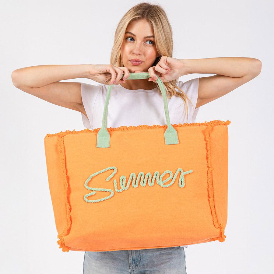 Embroidered Summer Canvas Tote Bag, Frayed Fringe Beach, Boho Shoulder Bag