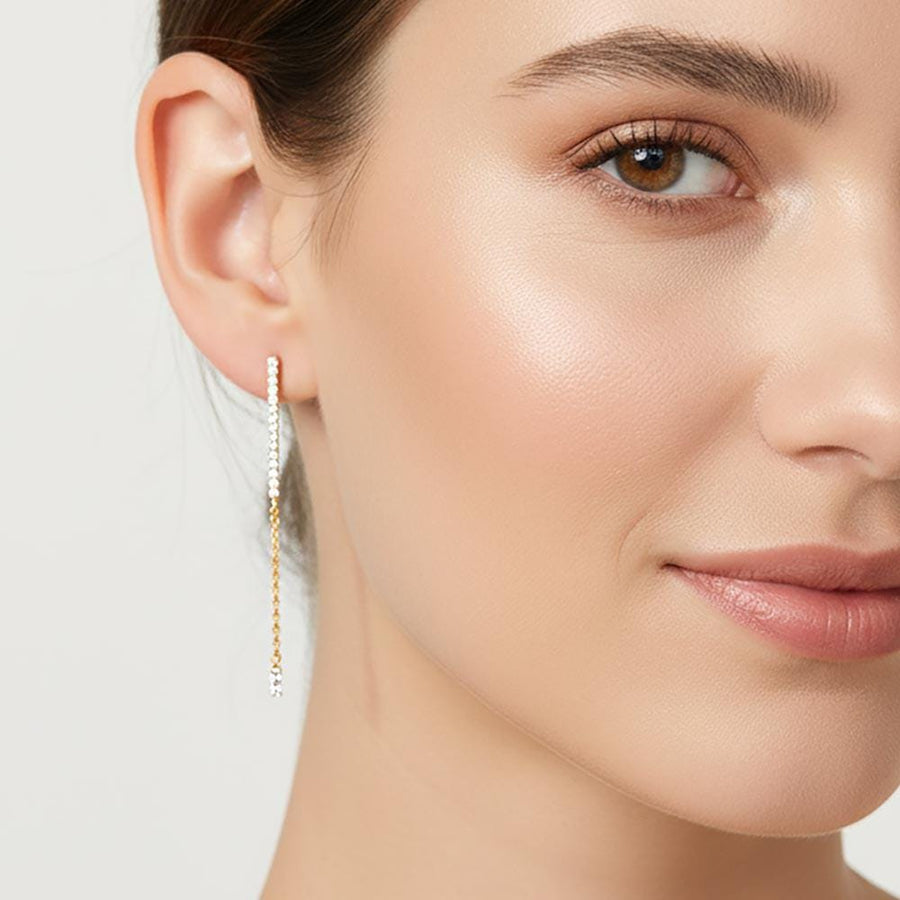 Gold Dipped CZ Pave Linear Bar Drop Earrings, Minimalist Bridal Jewelry