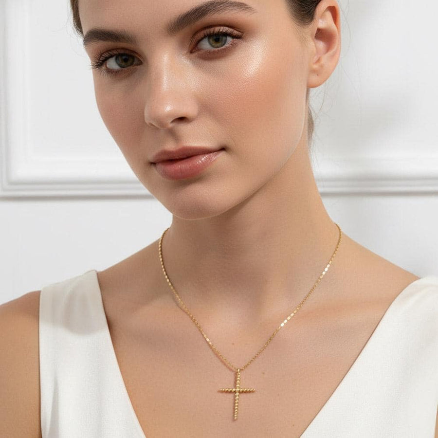 Gold Dipped Beaded Cross Pendant Necklace, Minimalist Faith Jewelry, Baptism Gift Her