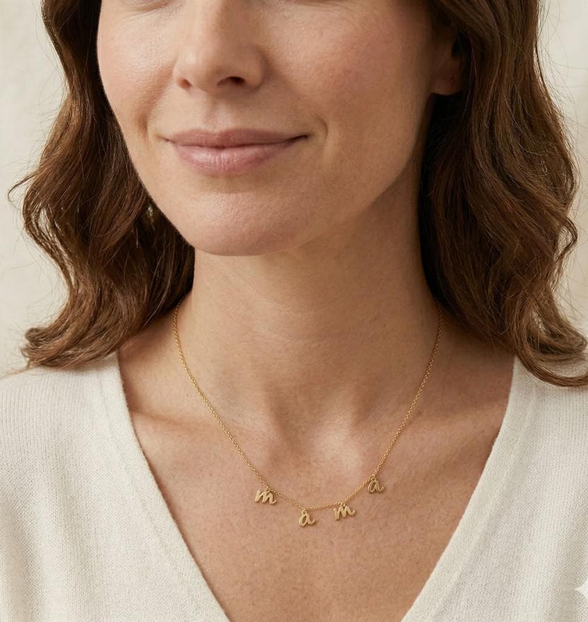 18K Gold Dipped MAMA Charm Station Necklace, Script Mother's Day Jewelry