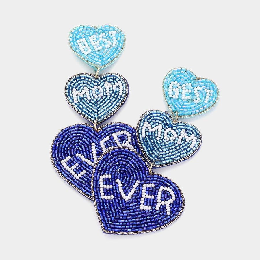 Triple Heart Beaded Drop Earrings, "Mom Ever" Statement Jewelry, Felt Back Dangle