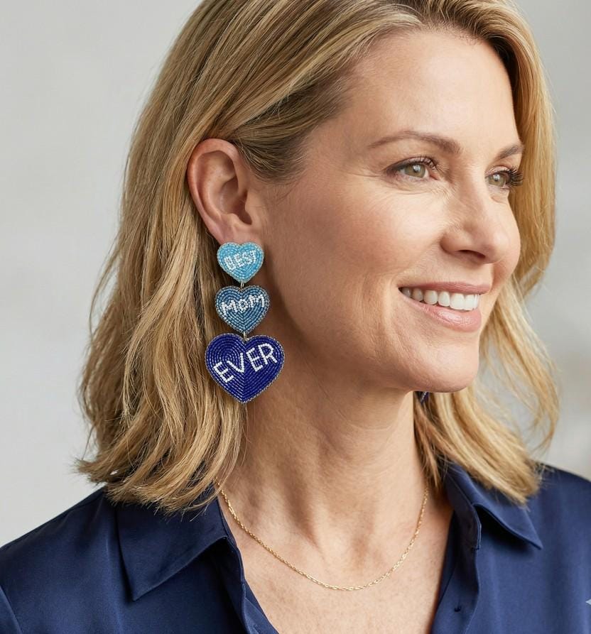 Triple Heart Beaded Drop Earrings, "Mom Ever" Statement Jewelry, Felt Back Dangle