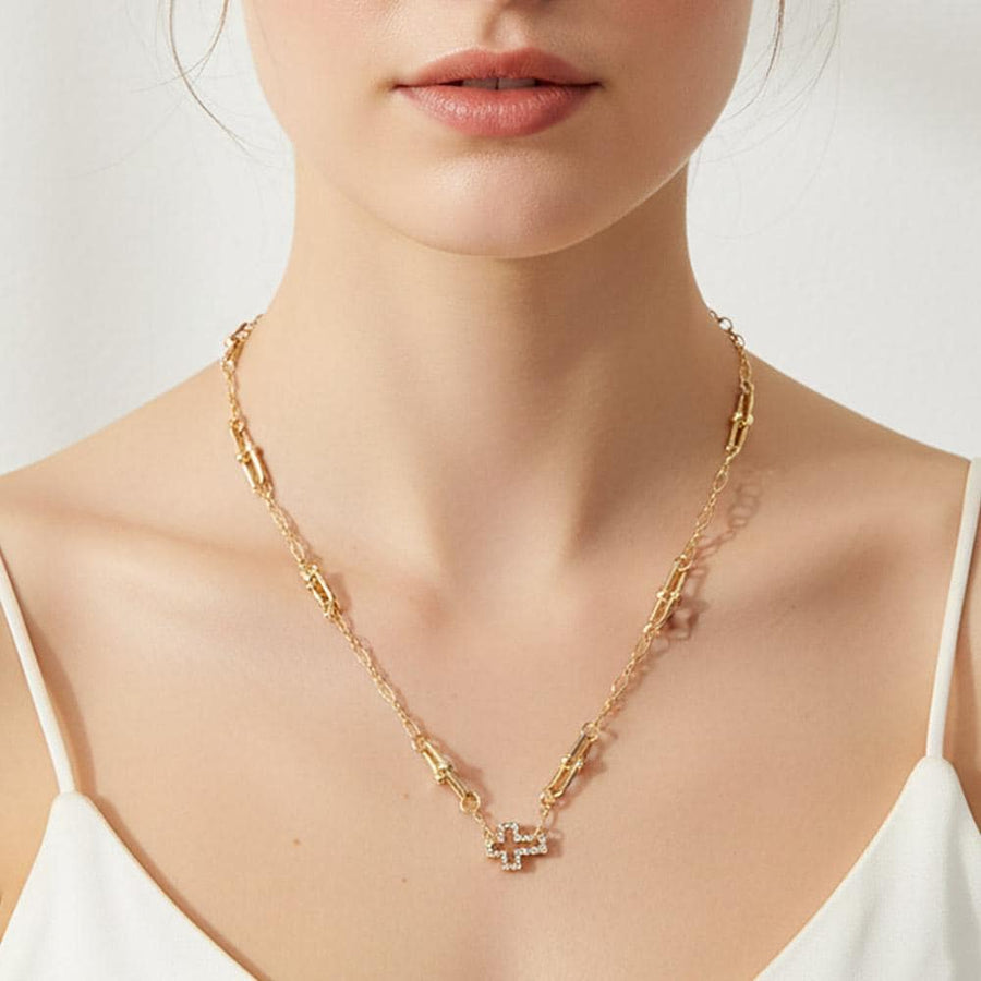 Gold Dipped CZ Pave Cross Pendant Necklace, Chunky Gold Link Chain, Modern Faith Jewelry