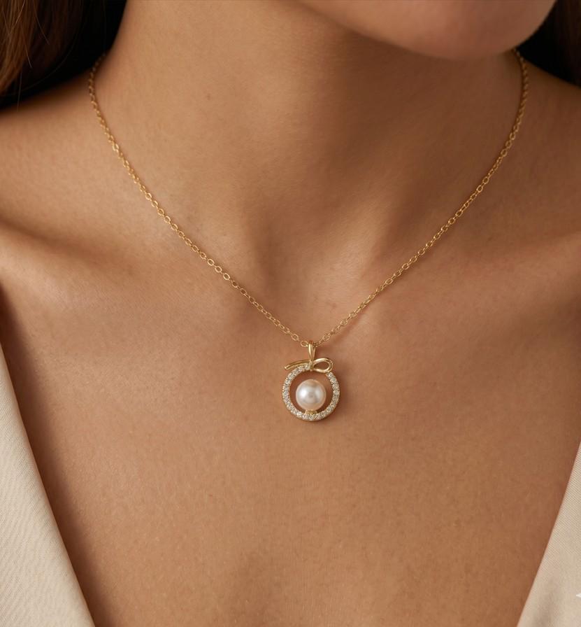 Gold Dipped Pearl Halo Charm Pendant Necklace, CZ Sparkle, Bridal Wedding Jewelry