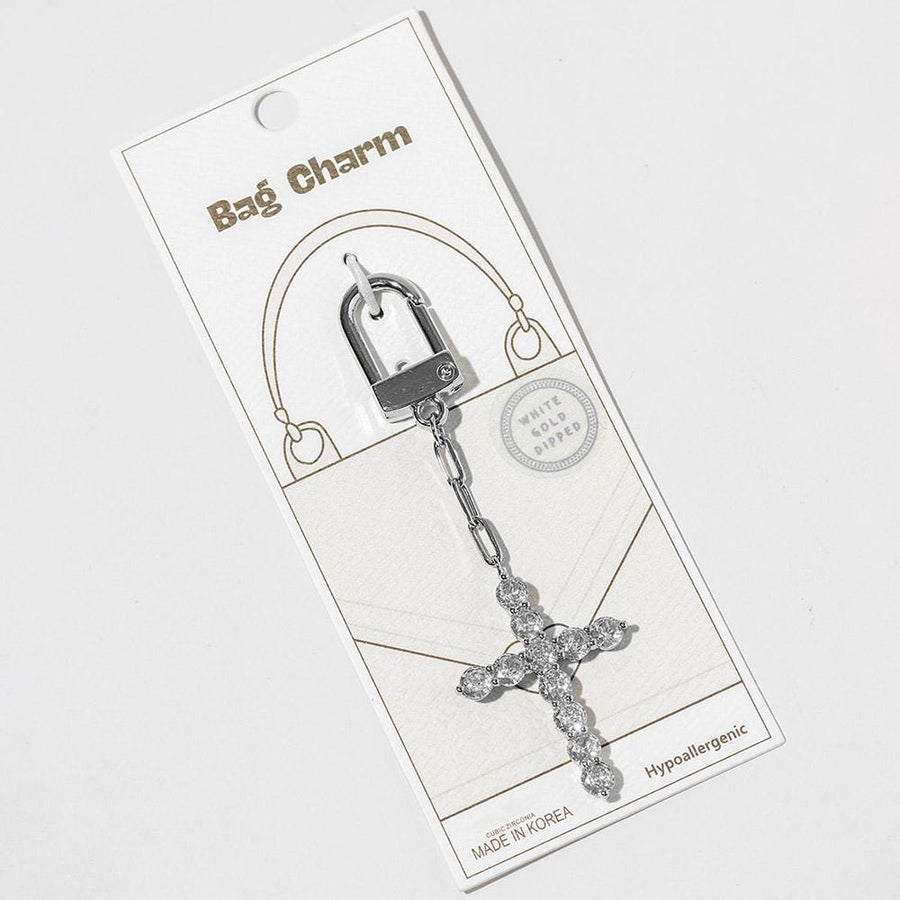 Gold Dipped CZ Cross Bag Charm Keychain, Faith Purse Accessory, Christian Gift