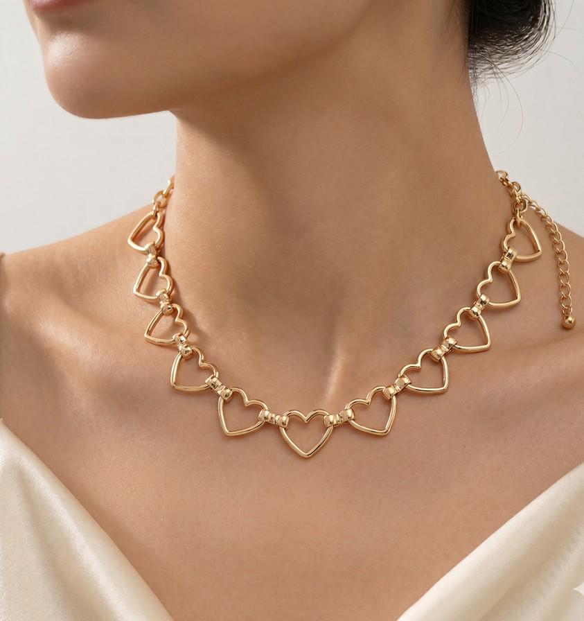 Open Heart Link Chain Necklace, Gold Tone, Layering Statement Jewelry