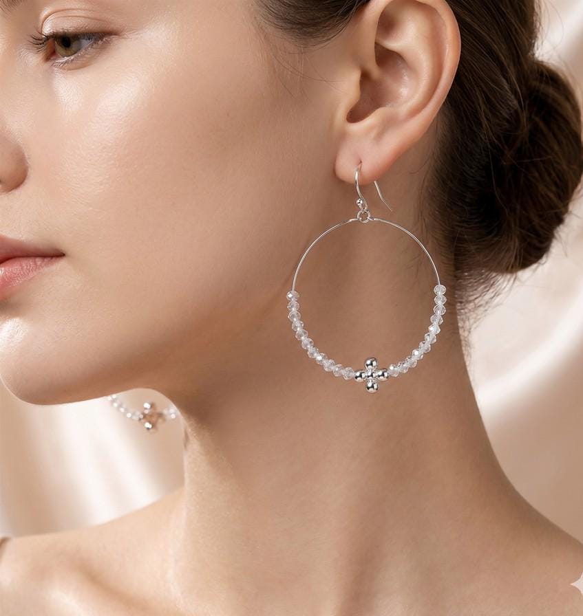 Metal Flower Beaded Hoop Earrings, Faceted Open Ring Dangle Jewelry