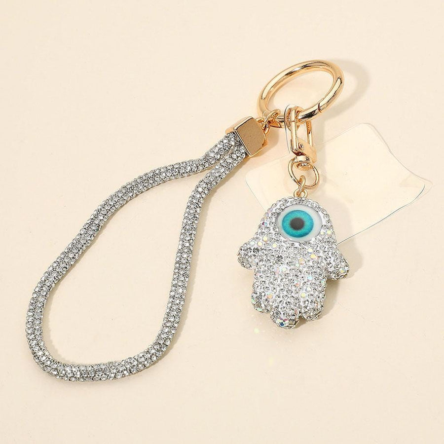 Bling Studded Evil Eye Hamsa Hand Keychain | Rhinestone Charm Bag Accessory | Phone Holder Charm