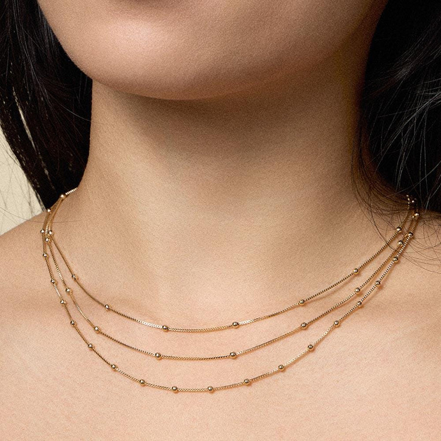 18K Gold Filled Layered Beaded Chain Necklace, Dainty Minimalist Everyday Jewelry