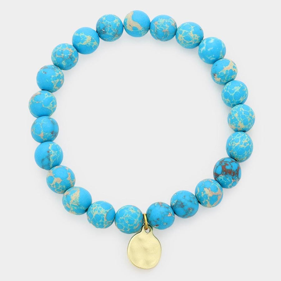 Natural Stone Hammered Metal Charm Stretch Bracelet, Boho Beaded Jewelry