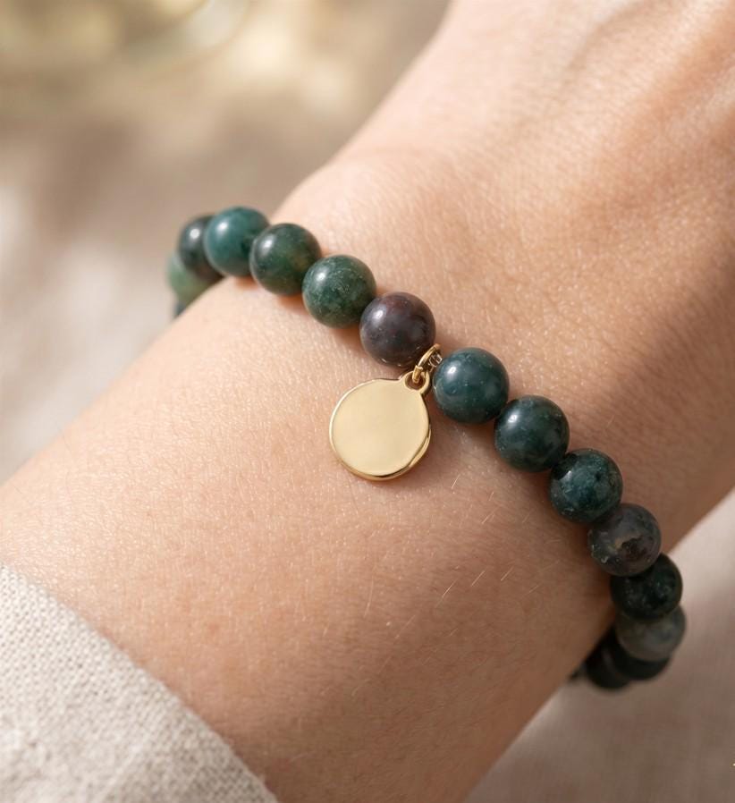 Natural Stone Hammered Metal Charm Stretch Bracelet, Boho Beaded Jewelry