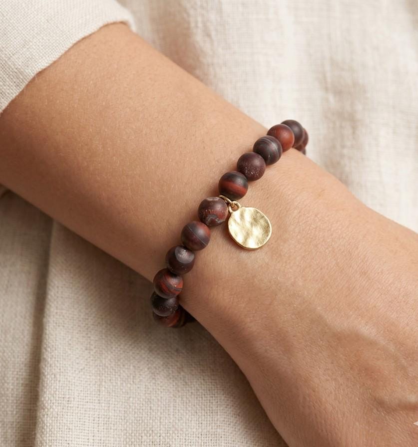 Natural Stone Hammered Metal Charm Stretch Bracelet, Boho Beaded Jewelry