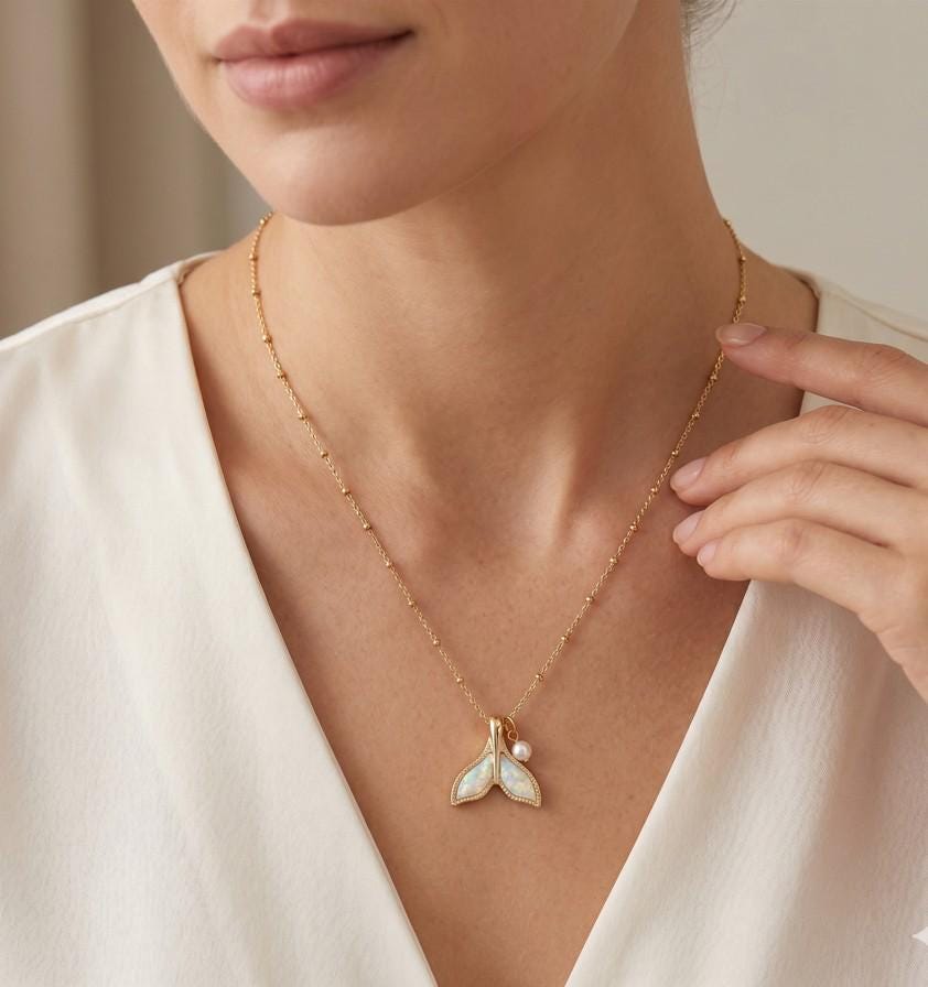 Patterned Whale Tail Pearl Pendant Necklace, Ocean Lover Coastal Jewelry