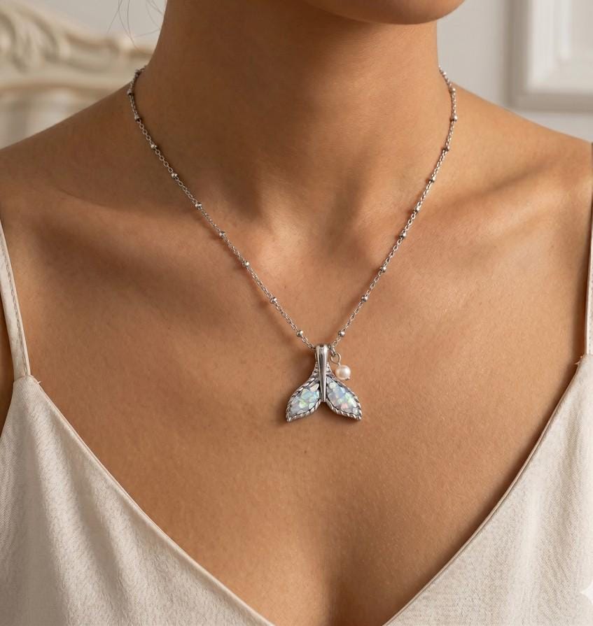 Patterned Whale Tail Pearl Pendant Necklace, Ocean Lover Coastal Jewelry