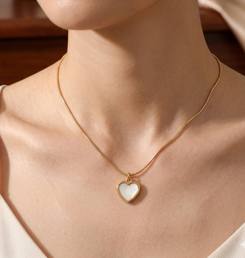 18K Gold Dipped Mother of Pearl Heart Necklace, Dainty Stainless Steel Pendant