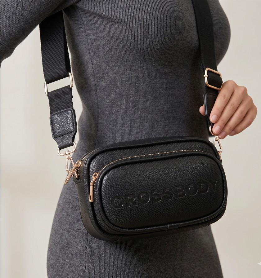 Faux Pebbled Leather Structured Crossbody Bag, Minimalist Everyday Shoulder Purse