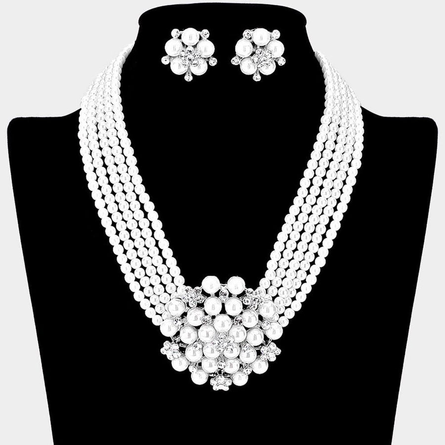 Pearl Cluster Flower Jewelry Set, Necklace, Clip On Earrings, Bridal Floral Pearls