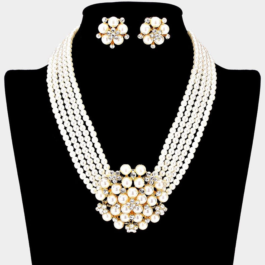 Pearl Cluster Flower Jewelry Set, Necklace, Clip On Earrings, Bridal Floral Pearls