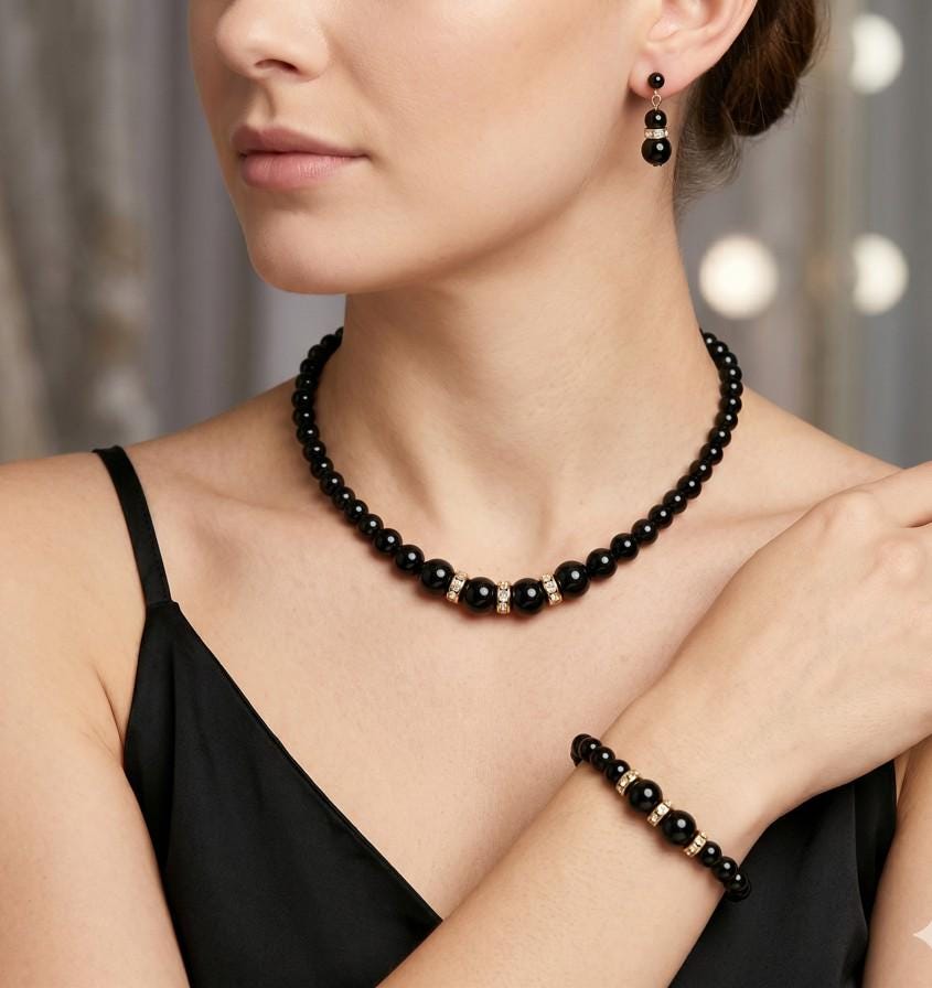 3 PCS Crystal Detail Pearl Jewelry Set, Necklace Earrings Bracelet, Elegant Bridal Wedding Gift