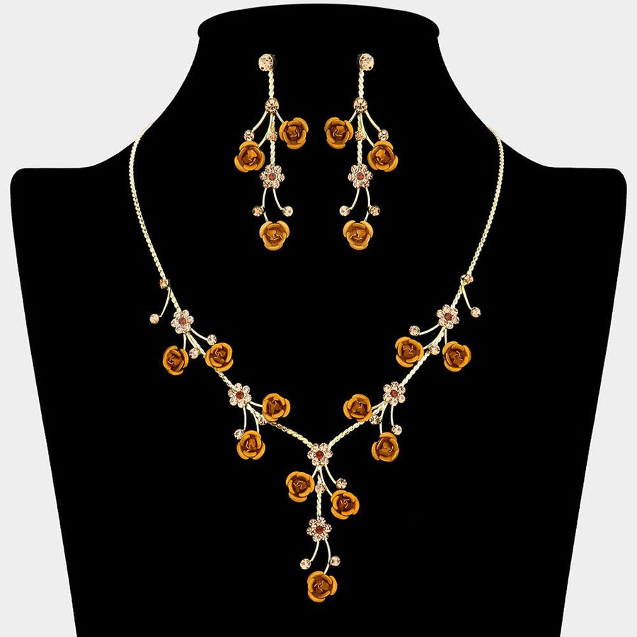 Rhinestone Rose Flower Vine Necklace Set, Elegant Crystal Bridal Jewelry