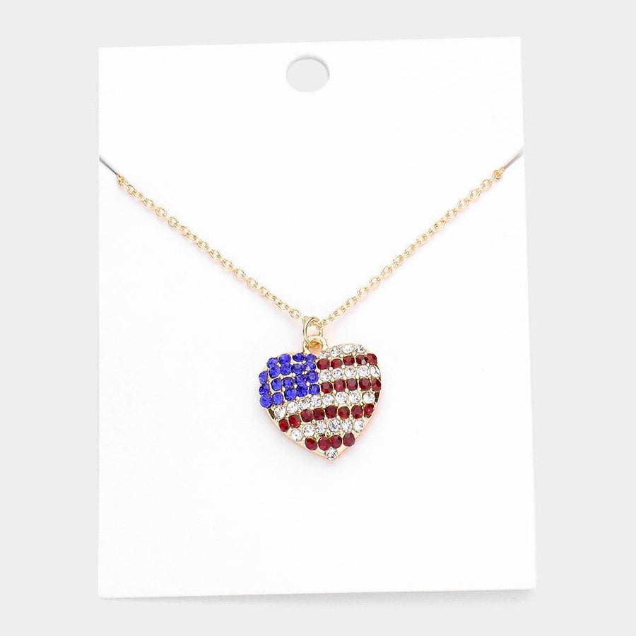Rhinestone American Flag Heart Pendant Necklace, USA Patriotic Jewelry, Fourth of July Charm