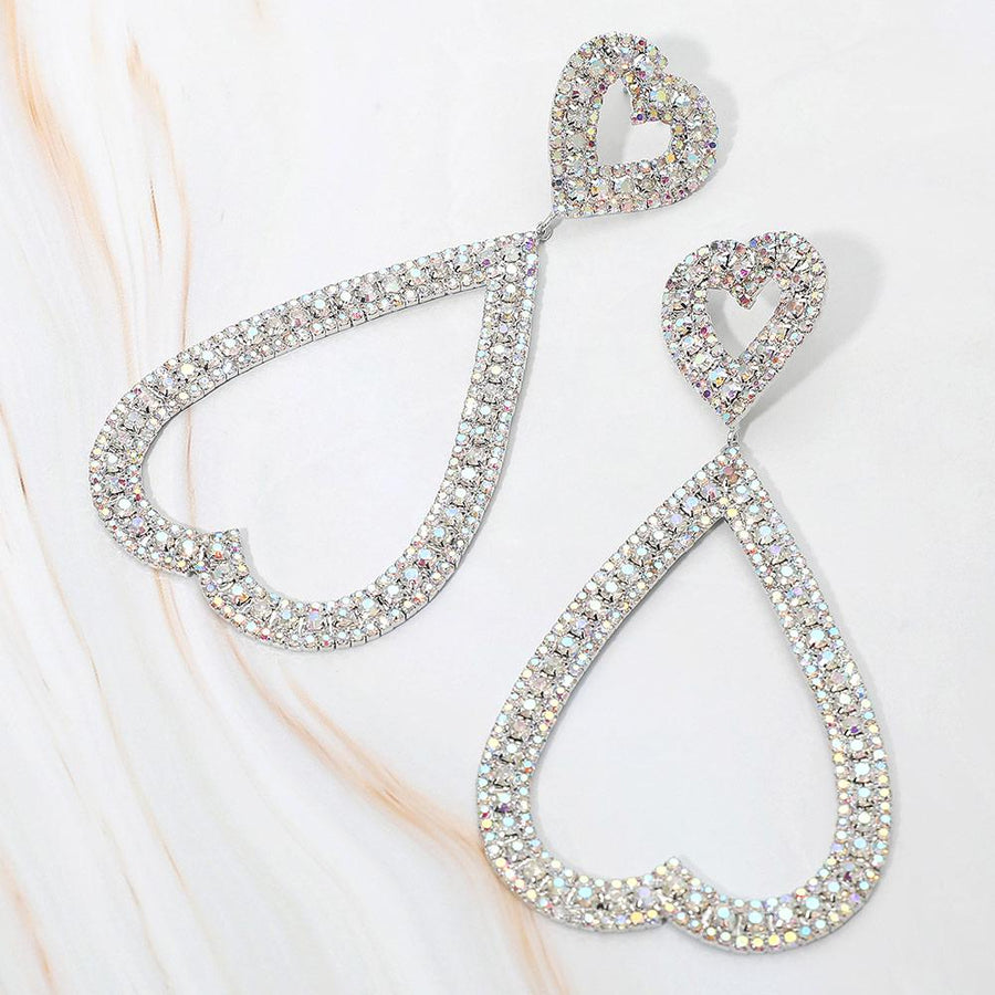 Rhinestone Open Heart Dangle Earrings, Glamorous Statement Jewelry, Evening Party Accessory