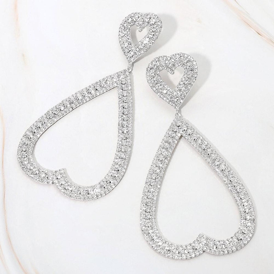 Rhinestone Open Heart Dangle Earrings, Glamorous Statement Jewelry, Evening Party Accessory