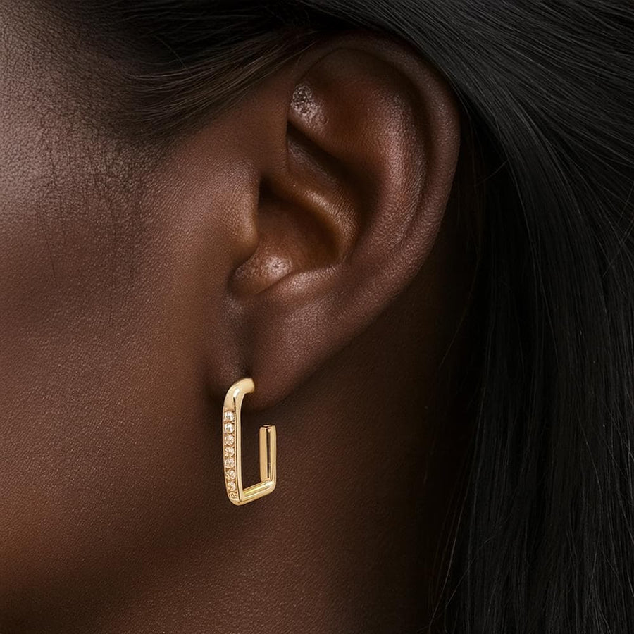 14K Gold Dipped Square Hoop Earrings, Pave CZ Dainty Minimalist Jewelry