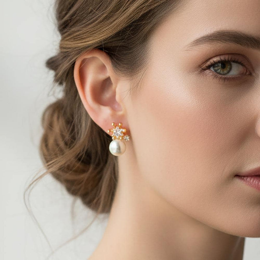 Gold Dipped CZ Crown Pearl Drop Stud Earrings, Bridal Pearl Earring, Dainty Elegant Studs