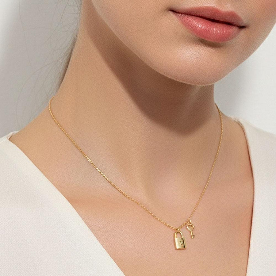 Gold Dipped Lock and Key Pendant Necklace, Minimalist Symbol of Connection