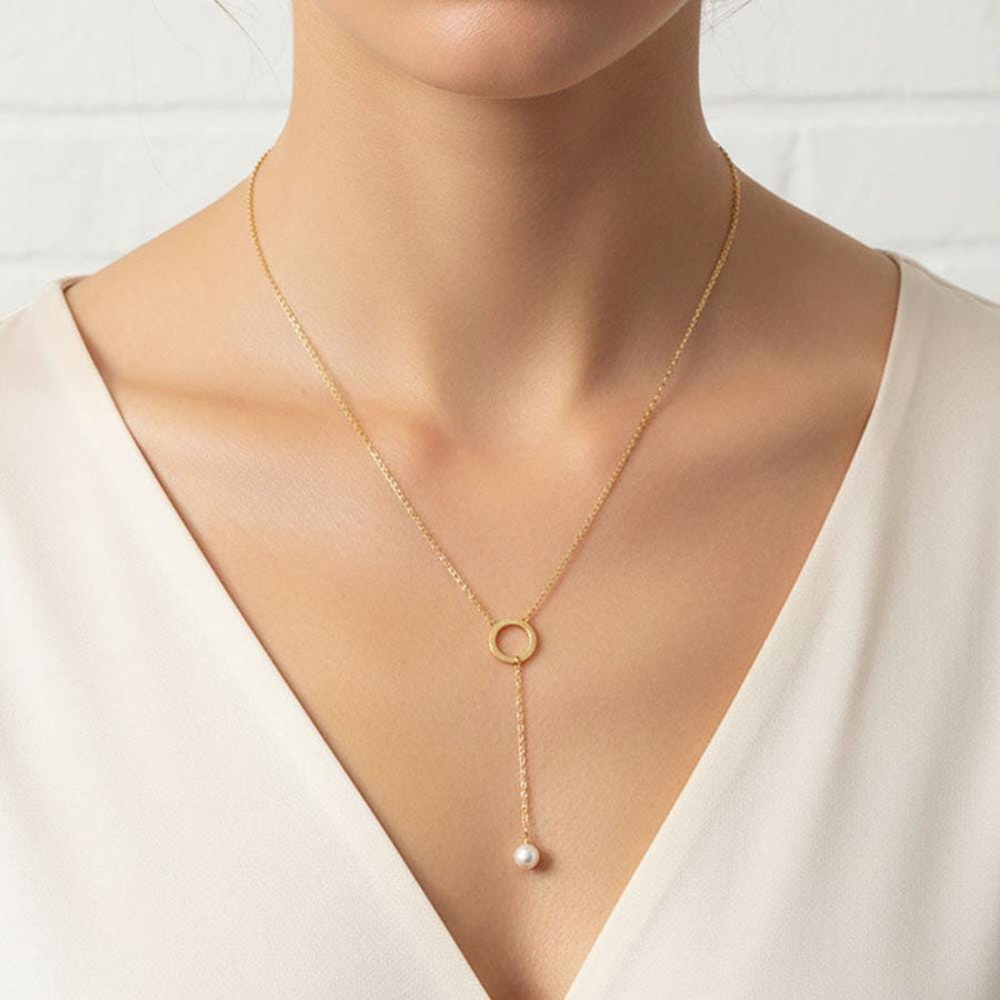 Gold Dipped CZ Pave Ring Pearl Drop Necklace, Minimalist Bridal Jewelry