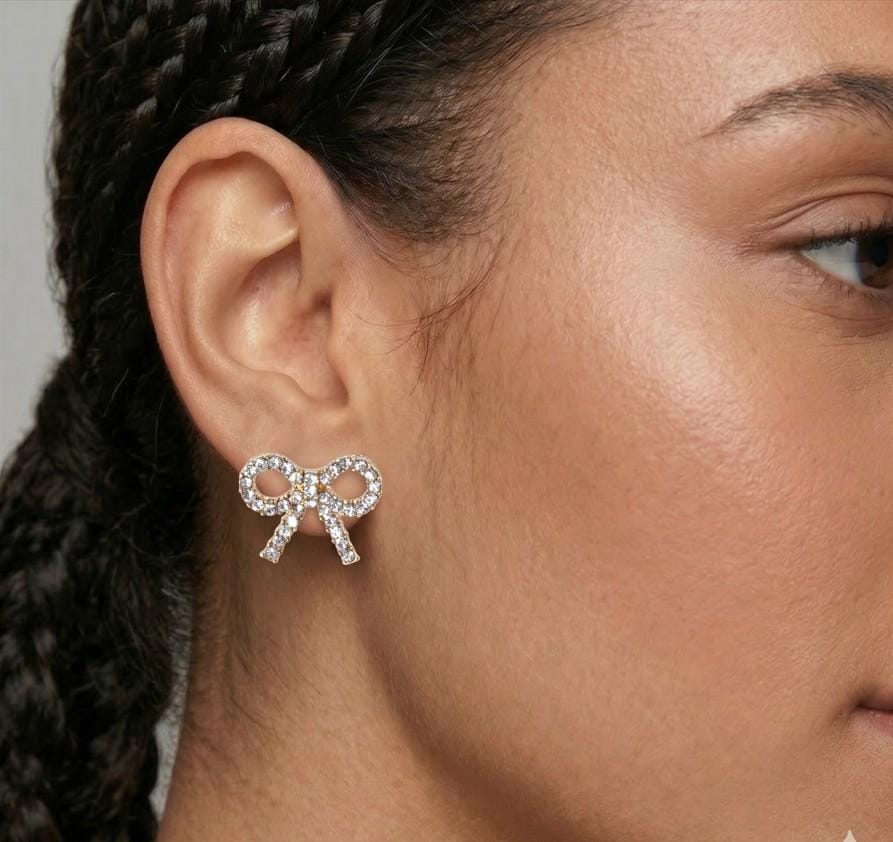 Crystal Stone Bow Stud Earrings, Ribbon Sparkle Bow Studs, Everyday and Party wear