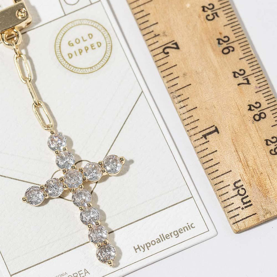 Gold Dipped CZ Cross Bag Charm Keychain, Faith Purse Accessory, Christian Gift