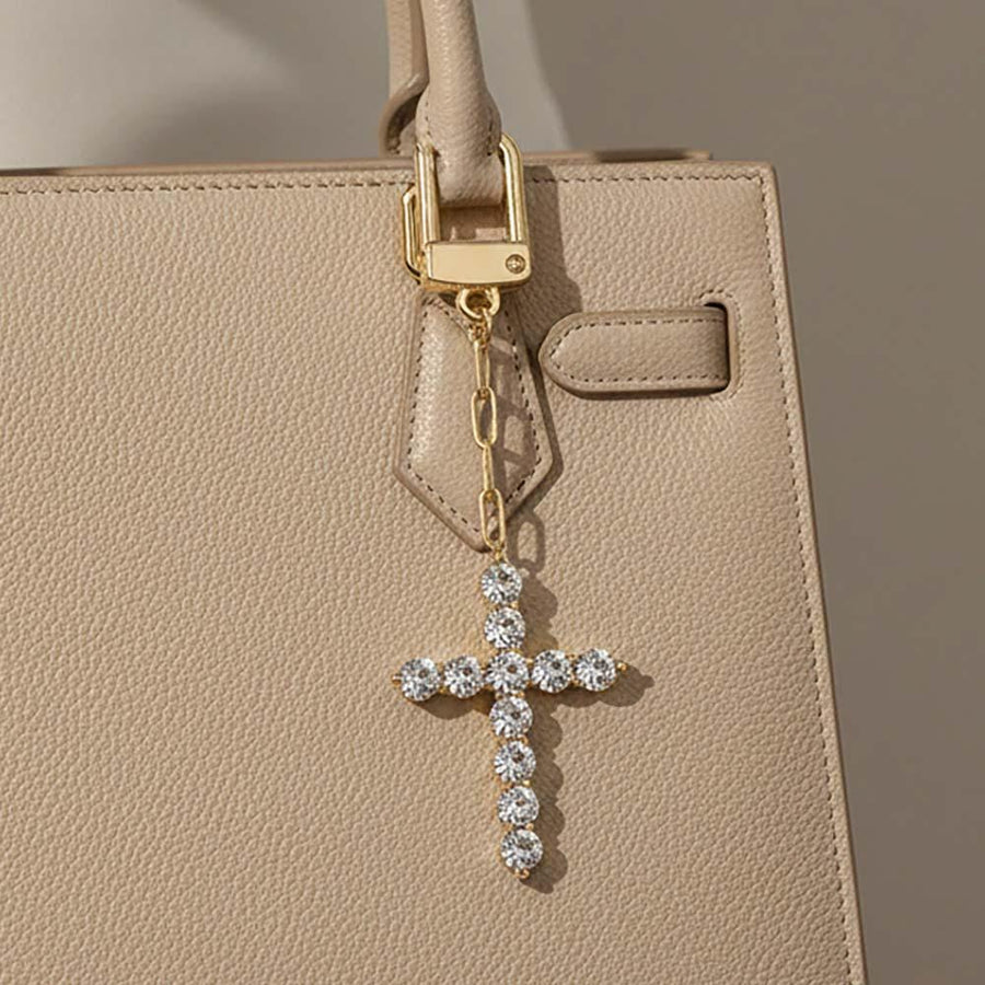 Gold Dipped CZ Cross Bag Charm Keychain, Faith Purse Accessory, Christian Gift