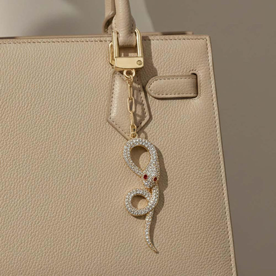 Gold Dipped CZ Pave Snake Keychain Bag Charm, Edgy Statement Accessory