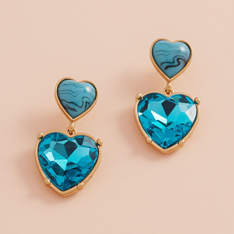 Epoxy Heart Glass Stone Dangle Earrings, Marbled Detail, Romantic Statement Jewelry