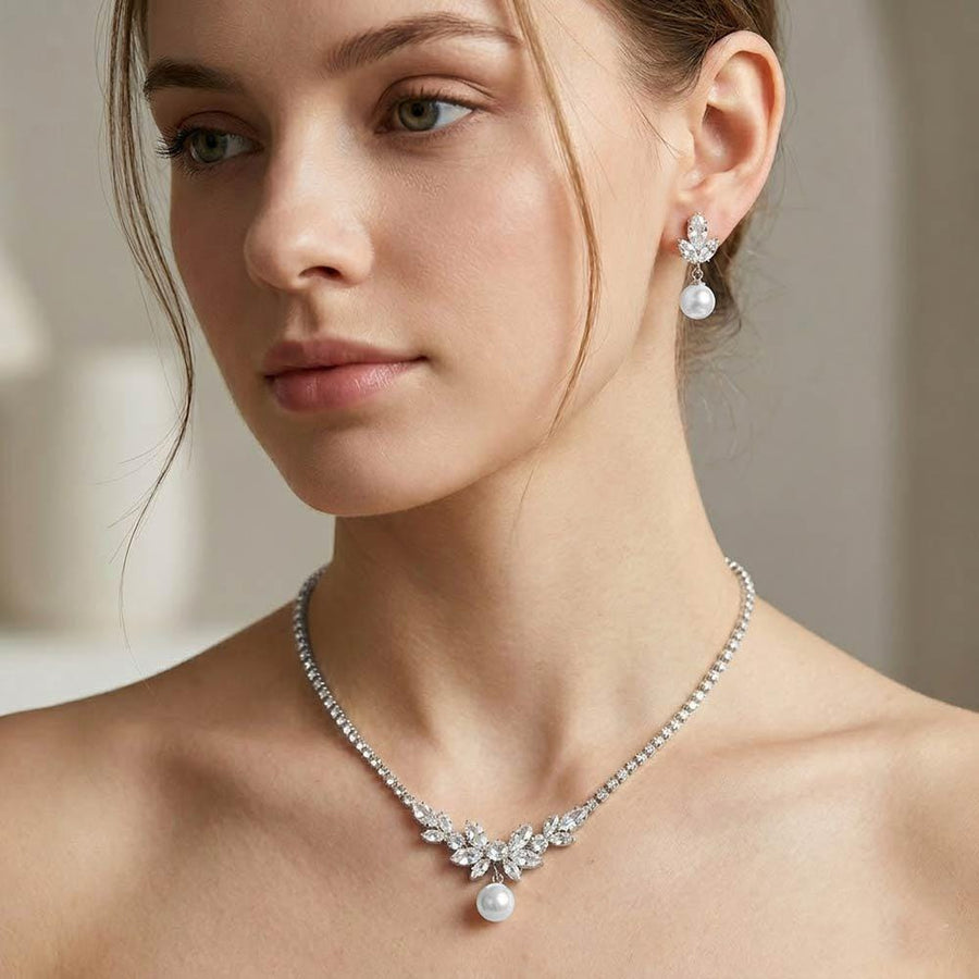 Pearl Marquise CZ Cluster Necklace | Paved Statement Bridal Jewelry Set